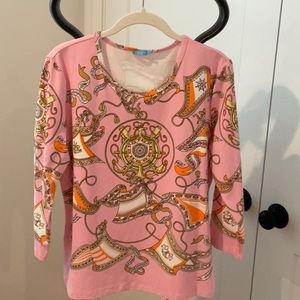 J.McLaughlin, Wavesong Tee in pink/tan/white pattern. XL. This tee fun’s small.